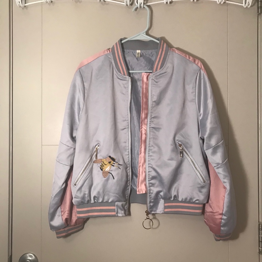 Unique Embroidered Bumblebee Satin Bomber Jacket